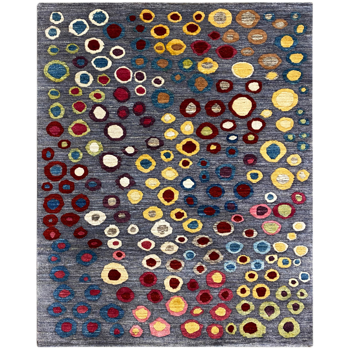 Gabbeh-Luri-Teppich mit grauem Grund und bunten Kreis- und Ovalmustern, 205x147 cm