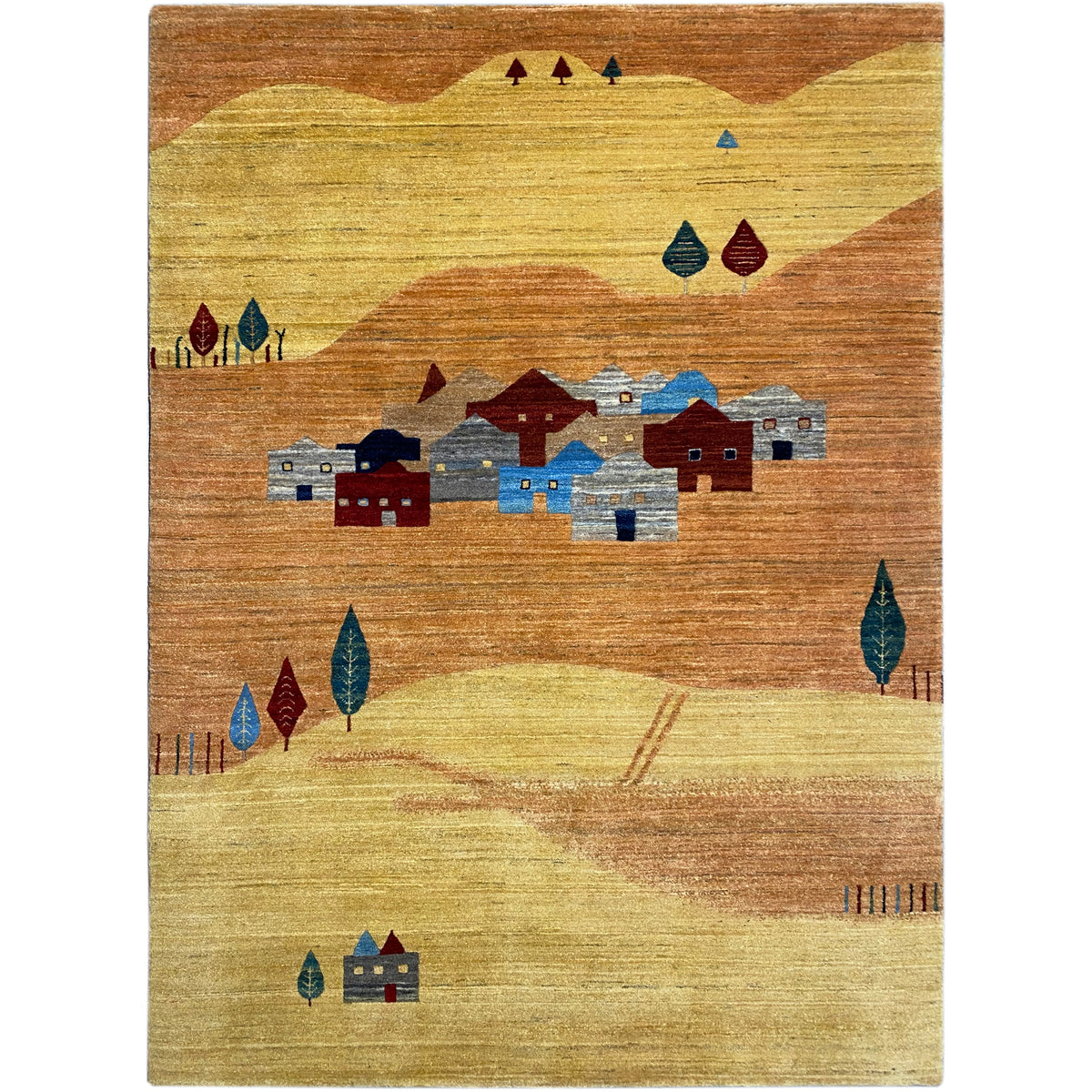 Teppich mit Muster aus Häusern und Bäumen in Gelb, Braun, Blau und Rot