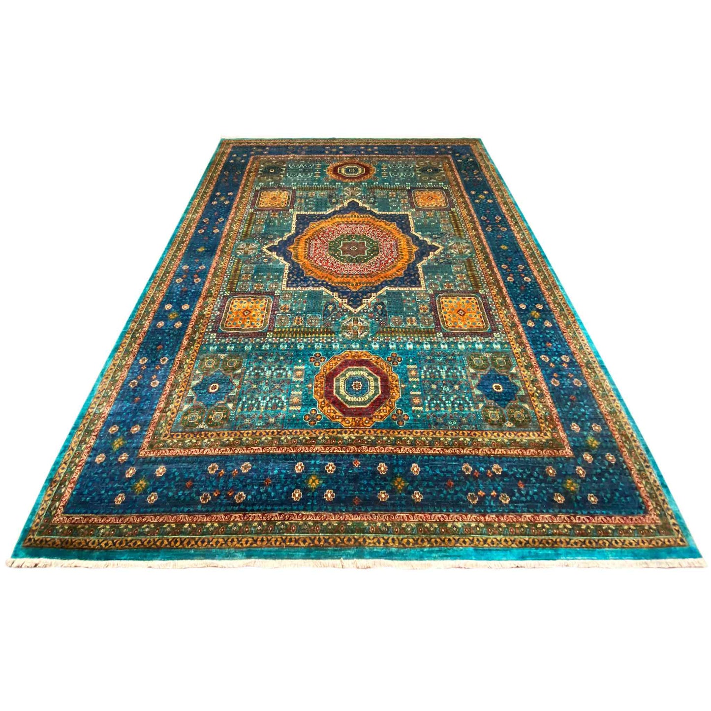 Afghanischer Mamluk Handgeknüpfter Teppich Blau 353x277 cm - German Carpet Shop