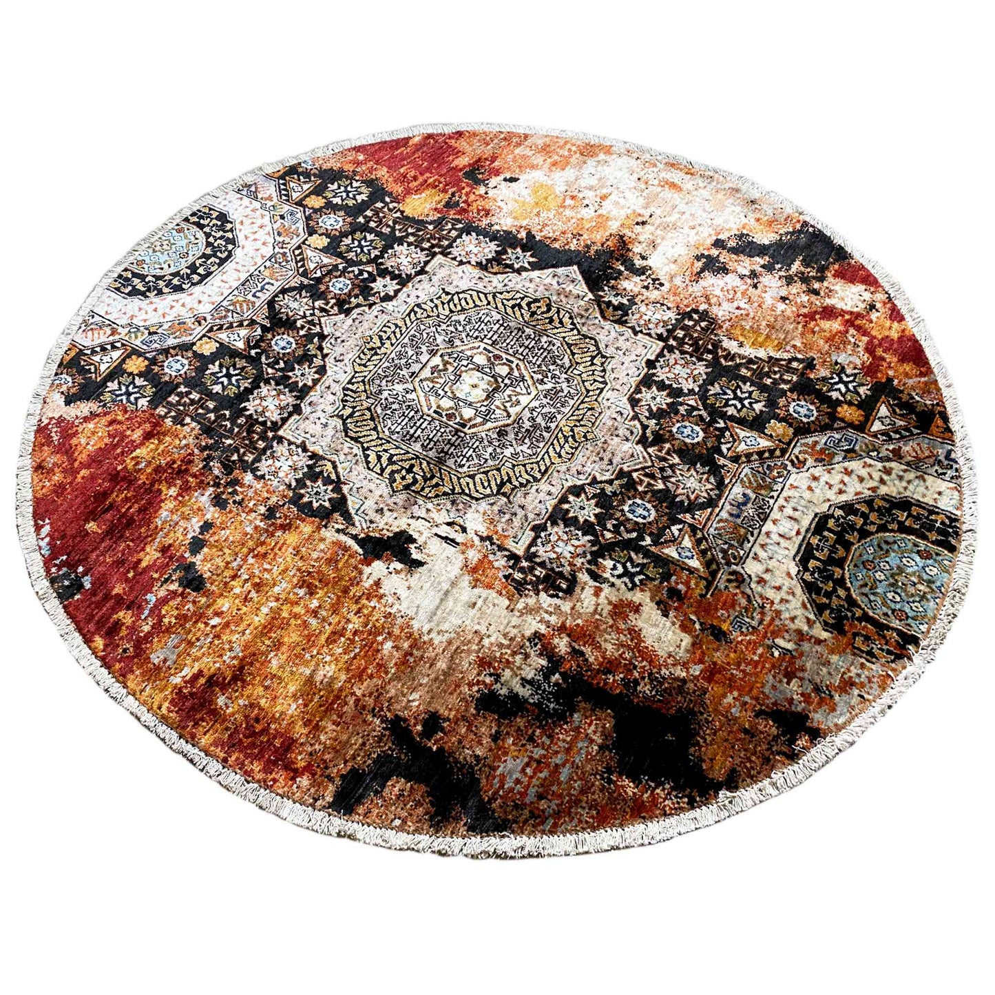 Afghanischer Mamluk Runder Handgeknüpfter Teppich Rot Beige 156x155 cm - German Carpet Shop