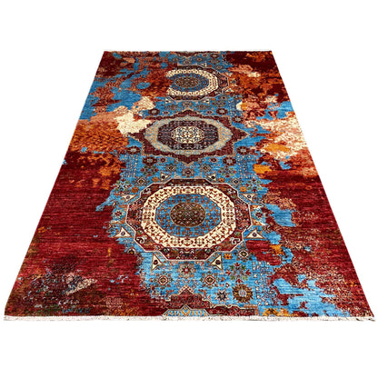 Afghanischer Mamluk Handgeknüpfter Teppich Rot Türkis 293x204 cm - German Carpet Shop