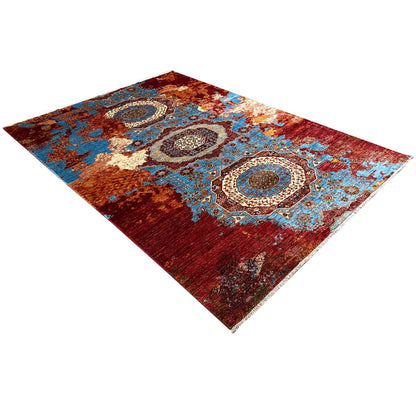 Afghanischer Mamluk Handgeknüpfter Teppich Rot Türkis 293x204 cm - German Carpet Shop