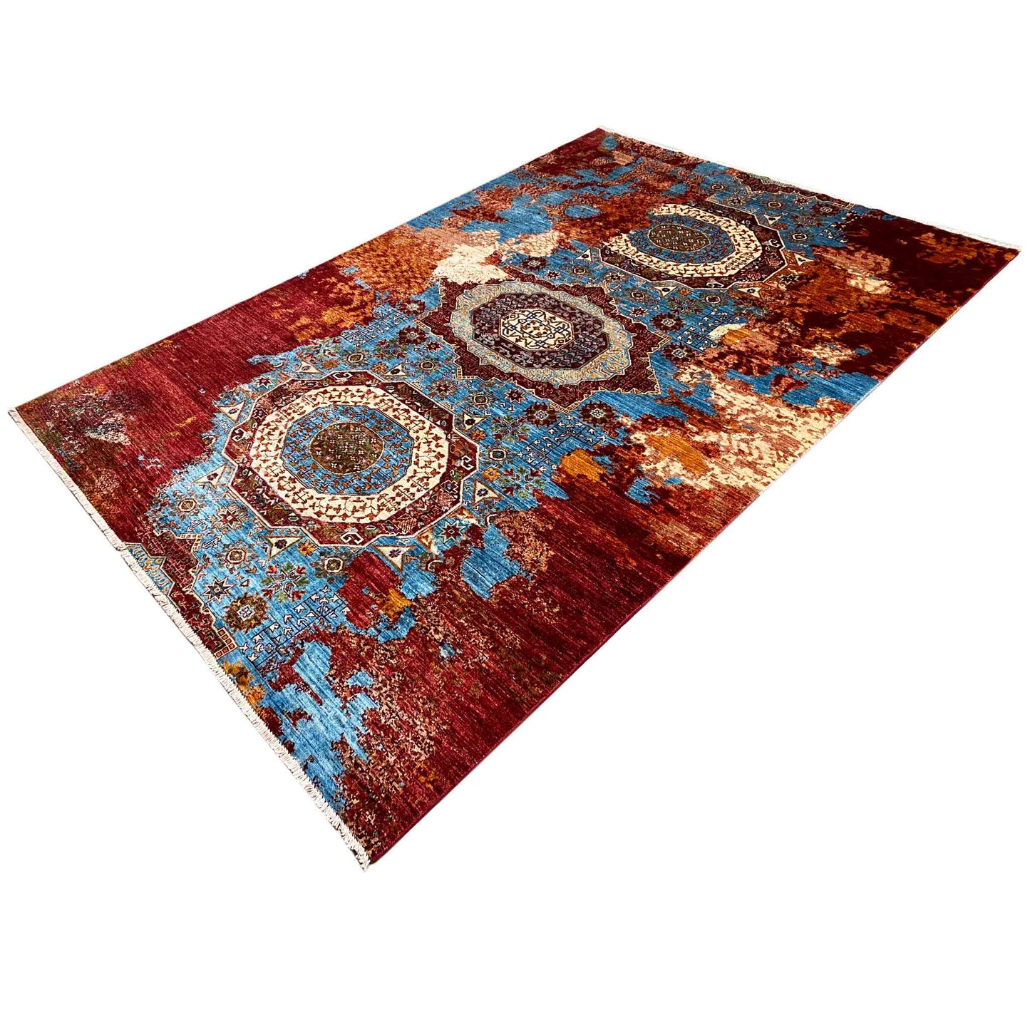 Afghanischer Mamluk Handgeknüpfter Teppich Rot Türkis 293x204 cm - German Carpet Shop