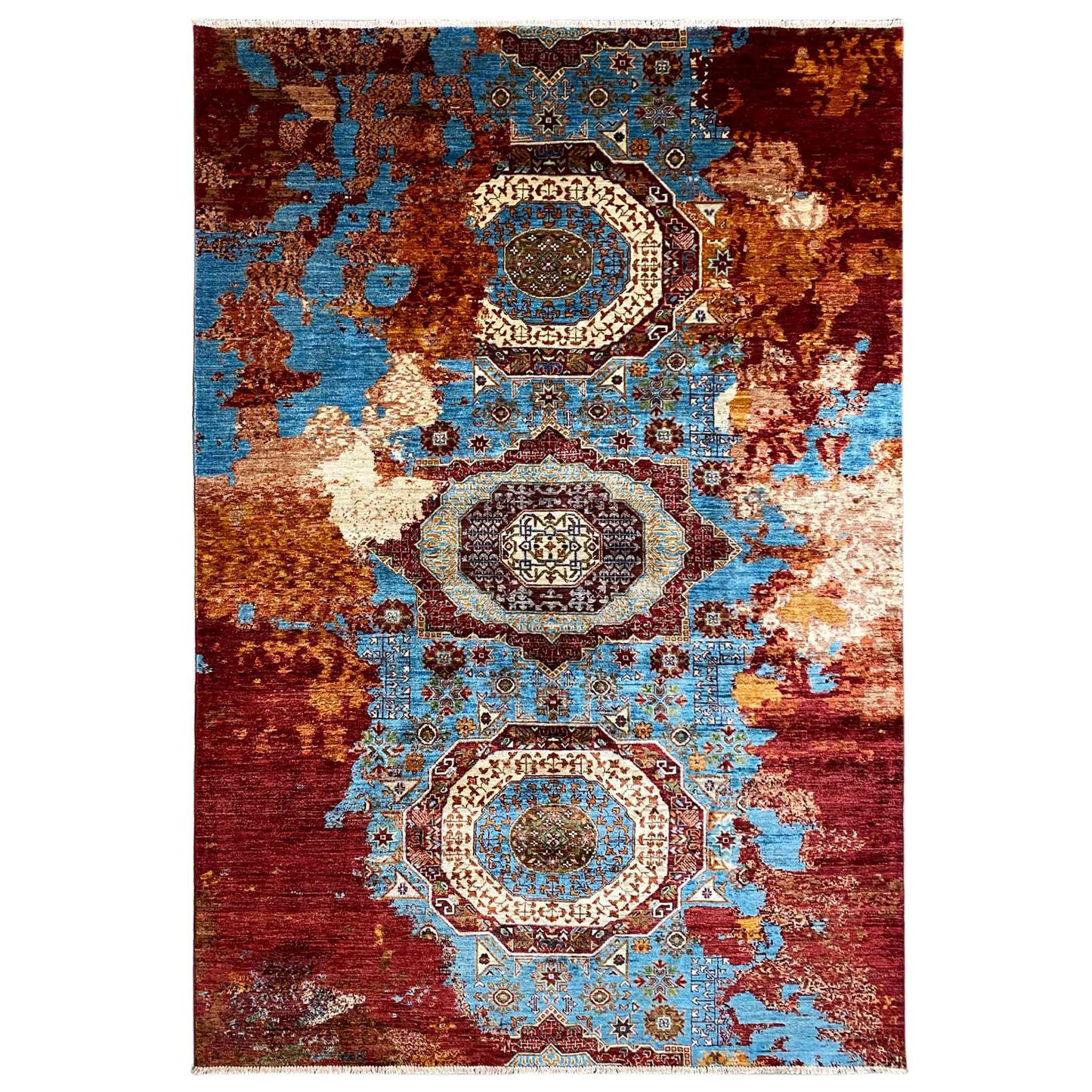 Afghanischer Mamluk Handgeknüpfter Teppich Rot Türkis 293x204 cm - German Carpet Shop