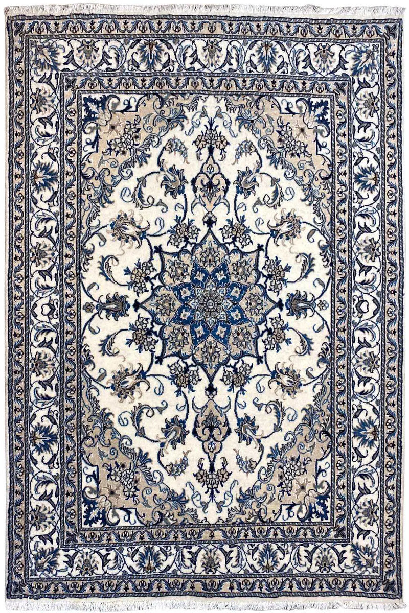 A beautiful Nain rug in Beige and white color representing string of flowers in Blue color. 