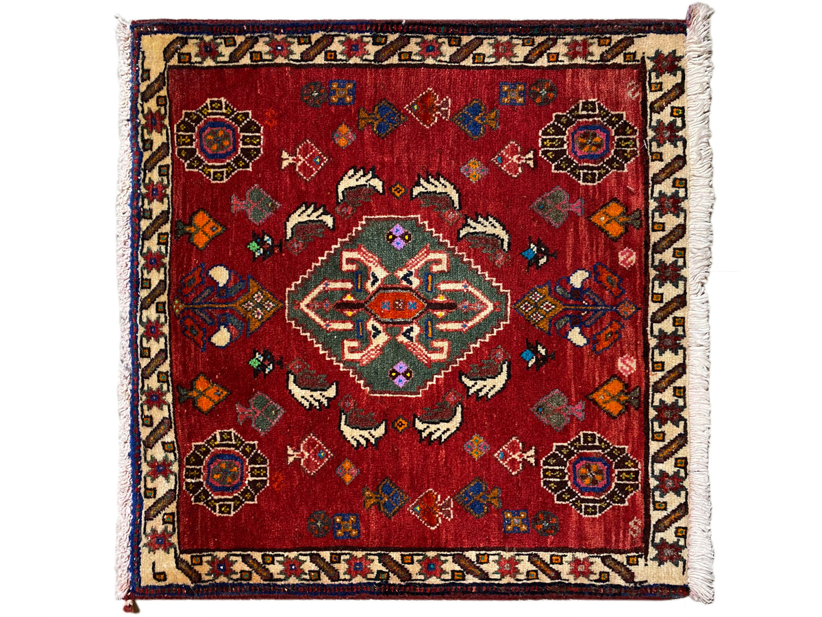 Poshti rug 58x57 cm, red vintage ornamental pattern with border trim and fringes