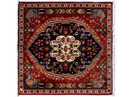 Poshti rug with a red ground, dark medallion, and multicolored border ornaments