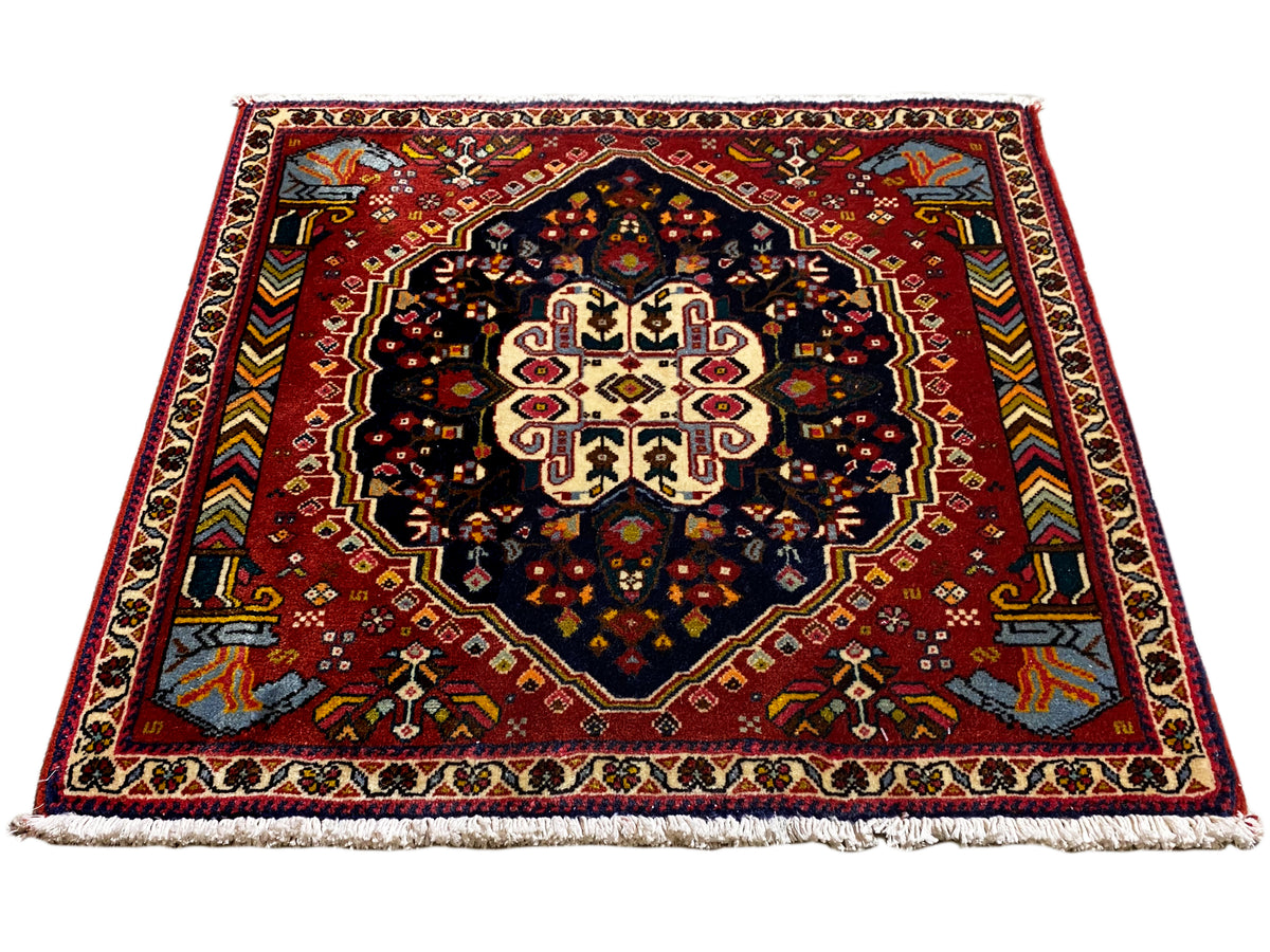 Poshti rug with a red ground and symmetrical medallion, blue-black contrasting field