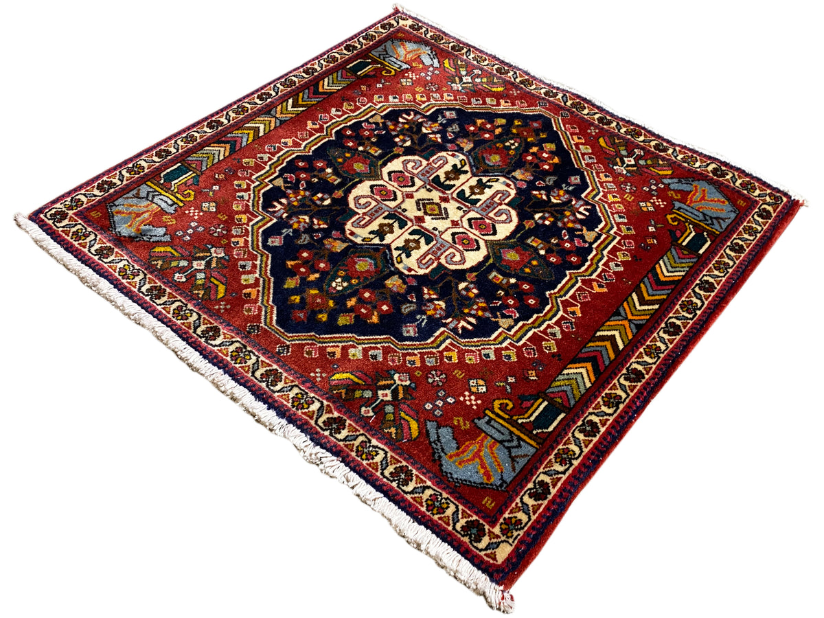 Poshti rug with a red background, dark medallion, and multicolored border trim
