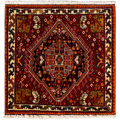 Poshti rug 60x60 cm, red pattern with an orange border and fringes