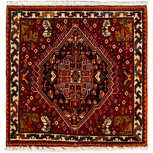 Poshti rug 60x60 cm, red pattern with an orange border and fringes