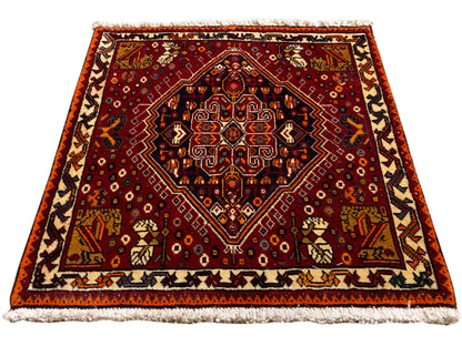 Poshti rug 60x60 cm, red rug with an ornamental diamond and beige border