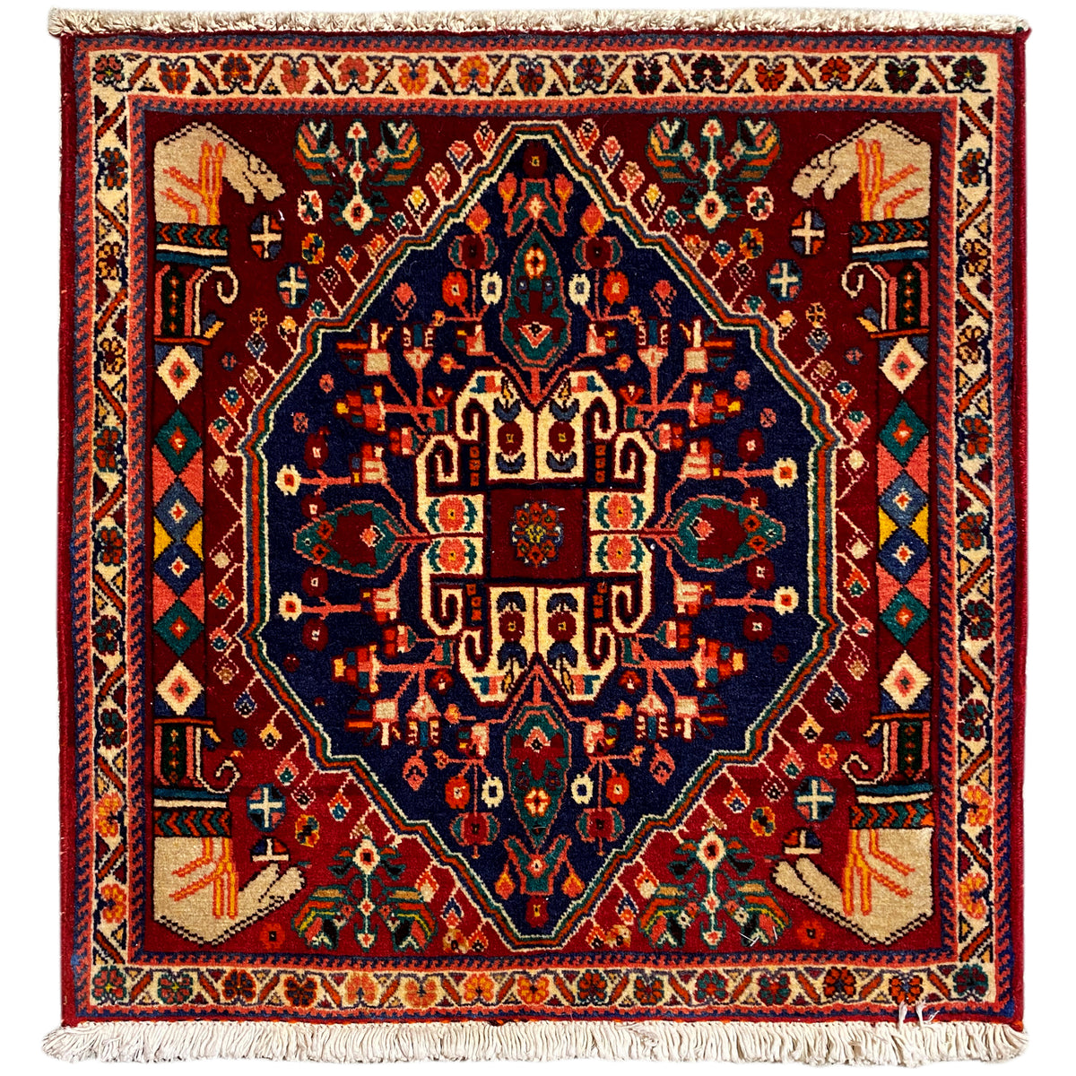 Poshti rug 64x64 cm, square, burgundy with a blue ornament, fringe