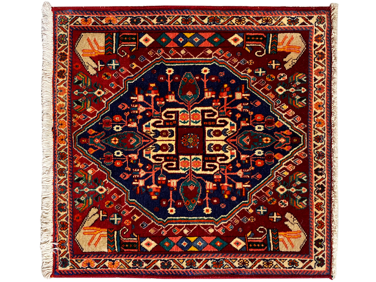 Poshti rug 64x64 cm, square, dark blue central medallion, colorful ornaments, fringes