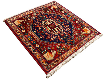 Poshti rug 64x64 cm, square, diagonal, red border pattern with dark blue center