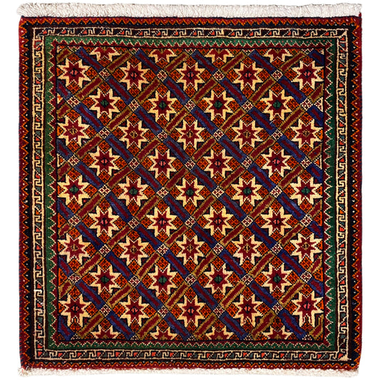 Poshti rug 62x52 cm with geometric pattern, multicolored and fringed.