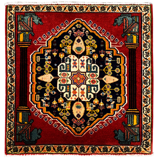 Square Poshti rug with a red background and colorful, symmetrical ornaments
