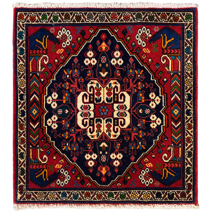 Poshti rug 66x62 cm: geometric pattern in blue/red with fringes