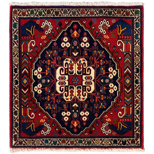 Poshti rug 66x62 cm: geometric pattern in blue/red with fringes