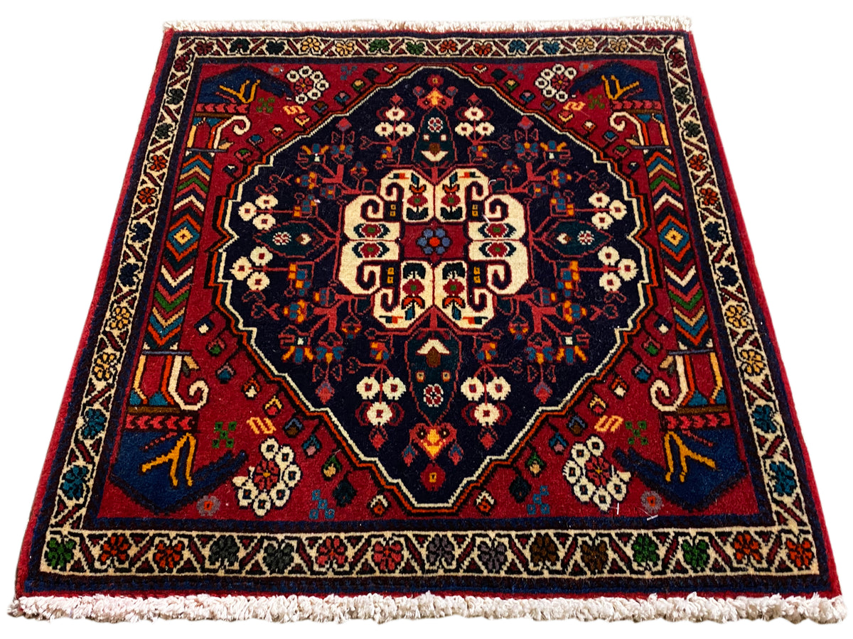Square-format rug with a central medallion, red and blue ornamentation, and short fringes