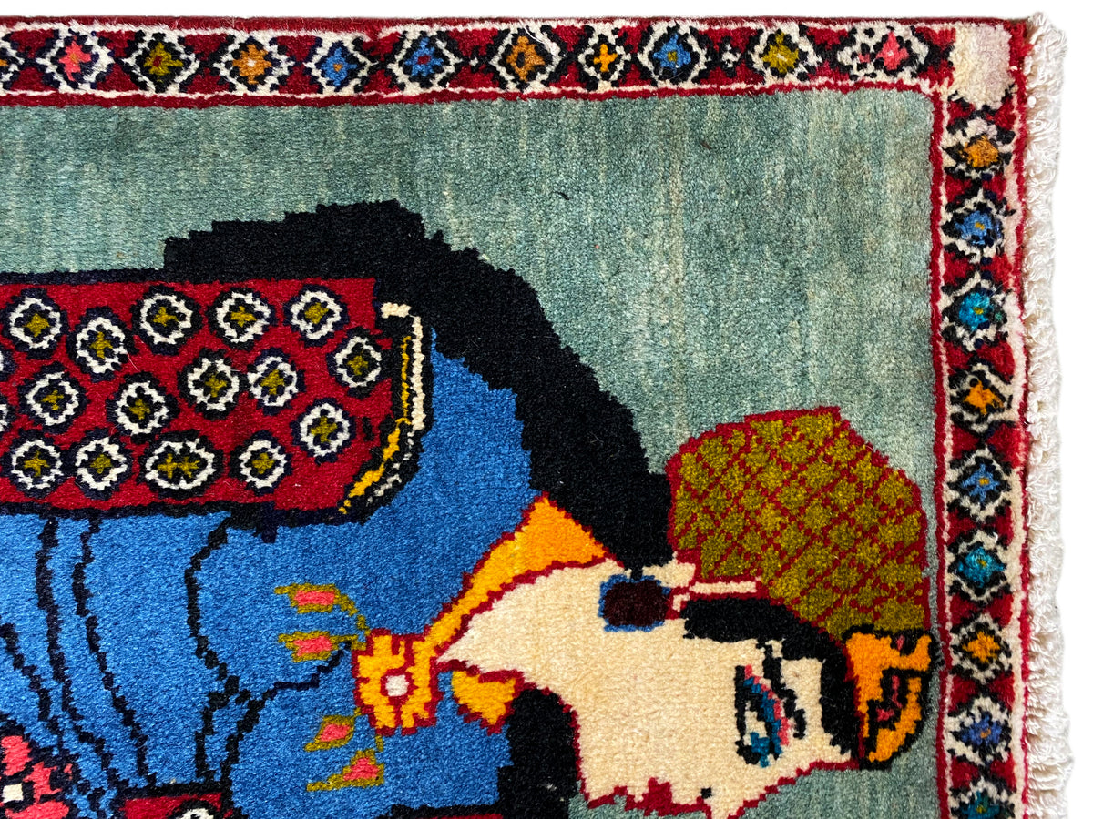Poshti carpet 68x63 cm detail: figure and tree, colorful embroidery patterns, fringed edge
