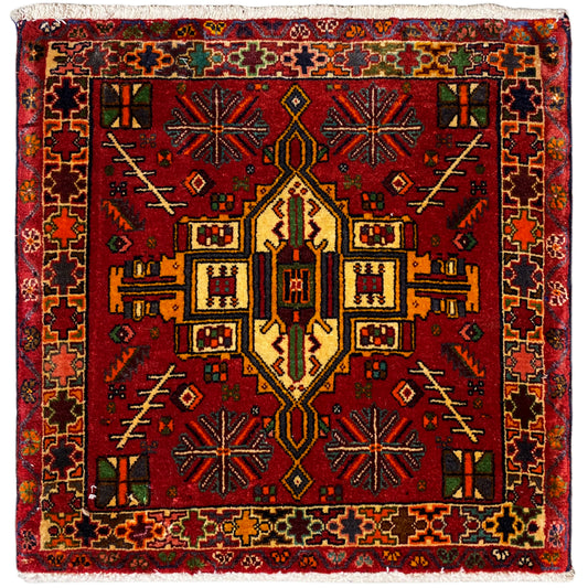 Poshti rug with a red, multicolored ornamental pattern and brown border, rectangular