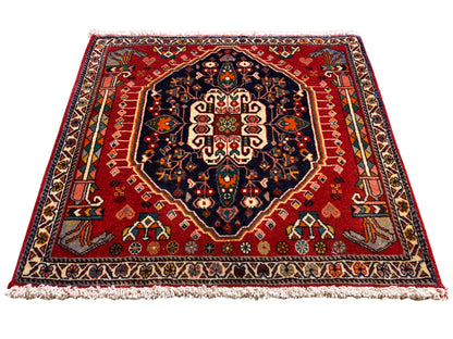 Rug with a red background, dark blue medallion, symmetrical ornament, rectangular