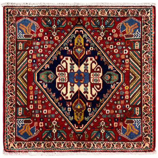 Poshti rug 66x62 cm: red rug with a multicolored medallion pattern