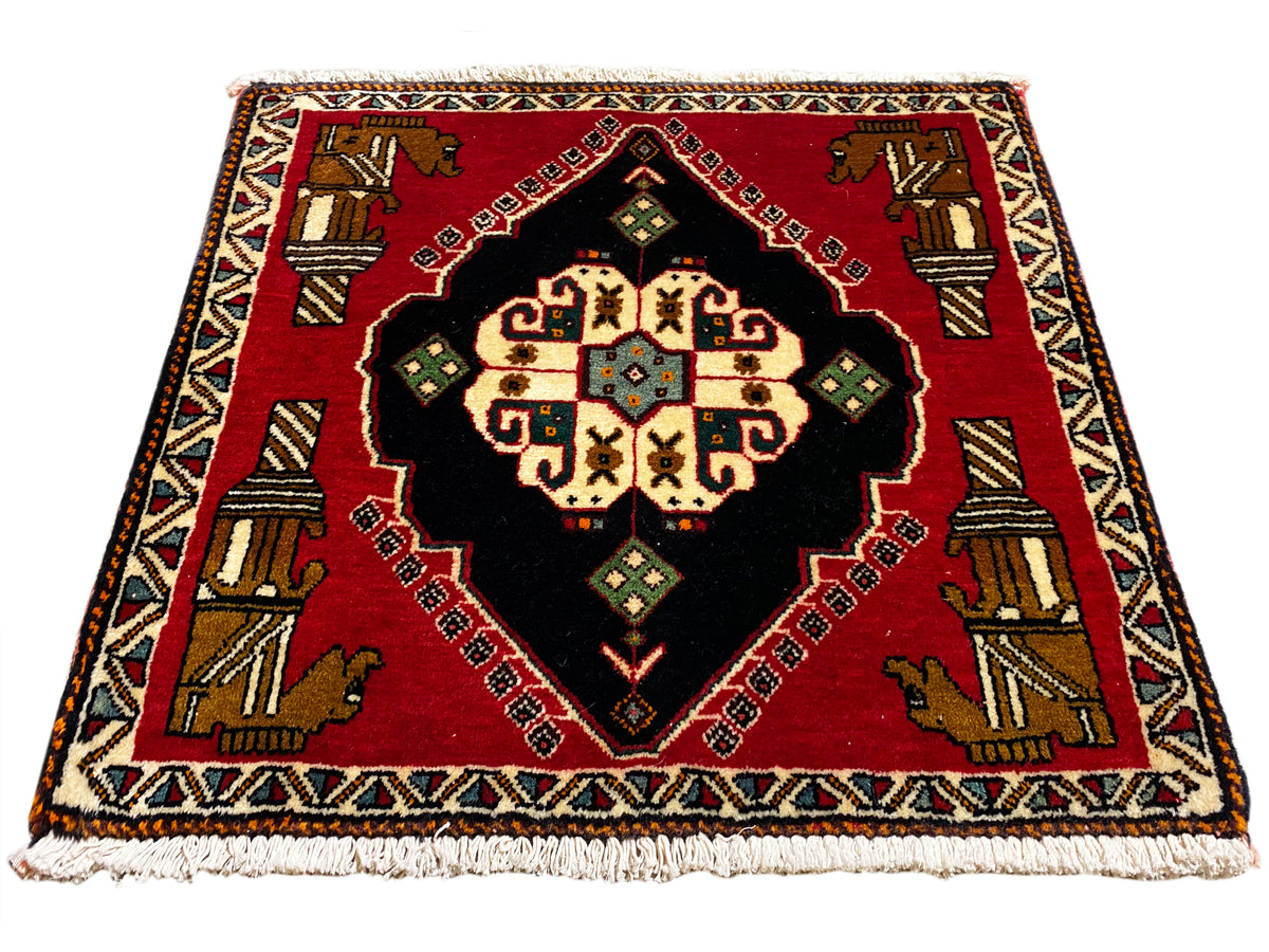 Poshti rug 63x55 cm: red rug square with black ornamental medallion, border, and fringes