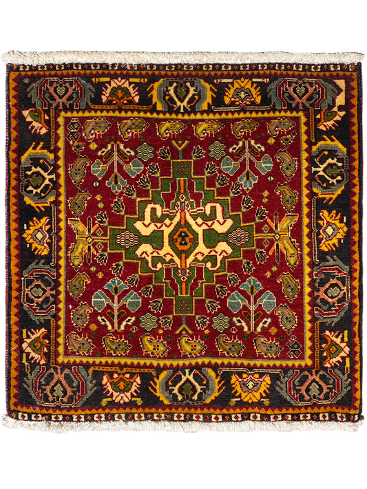 Poshti rug 61x61 cm with multicolored ornament and fringed border around the edge