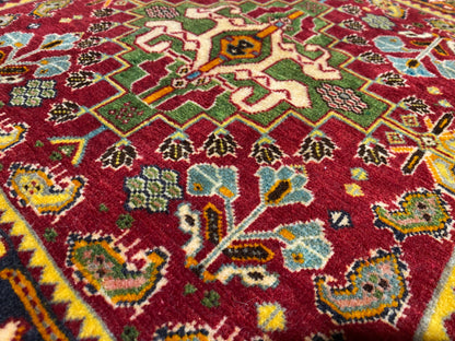 Poshti rug 61x61 cm close-up, red field with green and blue patterns