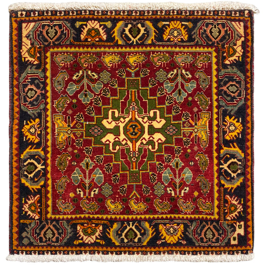 Carpet with a red medallion pattern, green-yellow details, and a dark border, outlined in white