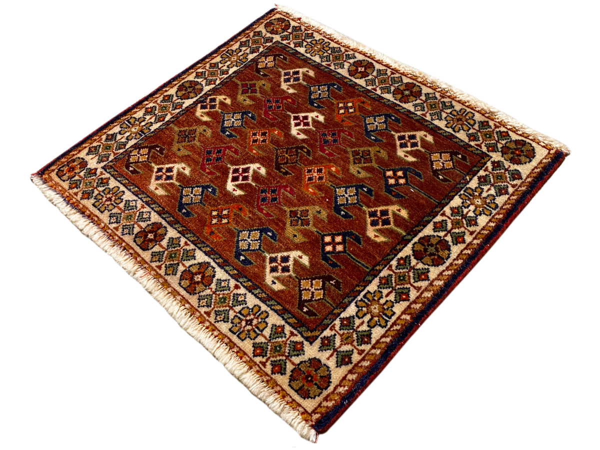 Poshti rug 60x55 cm, flat weave, geometric patterns in reddish brown, blue and cream