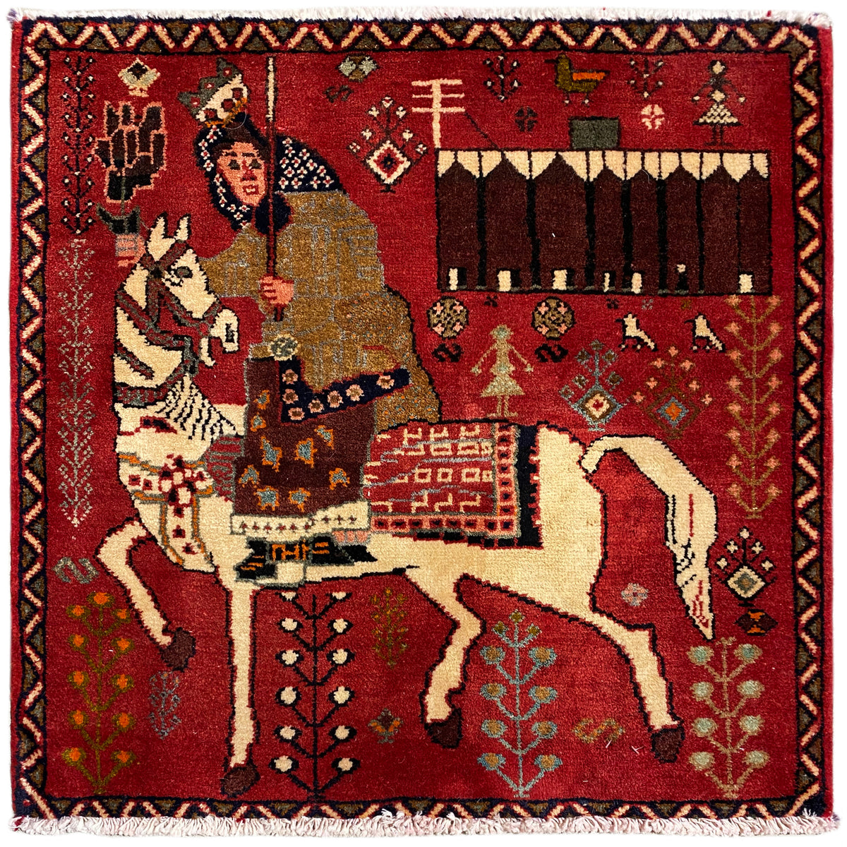 Rotbrauner Poshti-Teppich mit Fransen, Szene mit Frau und Pferd, 63x62 cm