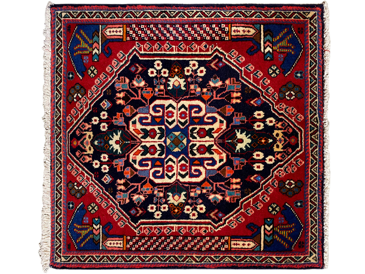 Poshti rug 66x63 cm with red border, dark blue, and geometric pattern