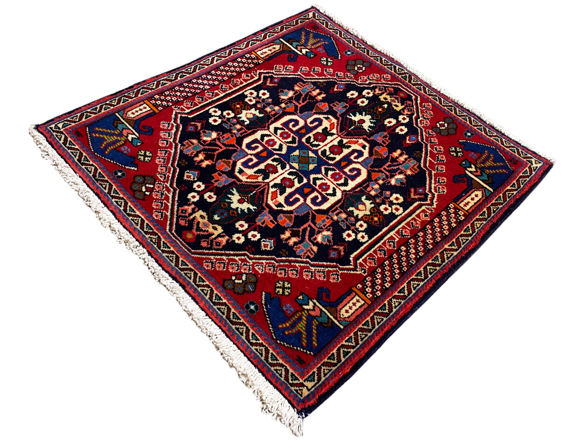 Poshti rug 66x63 cm, multicolored medallions, dark base and red border