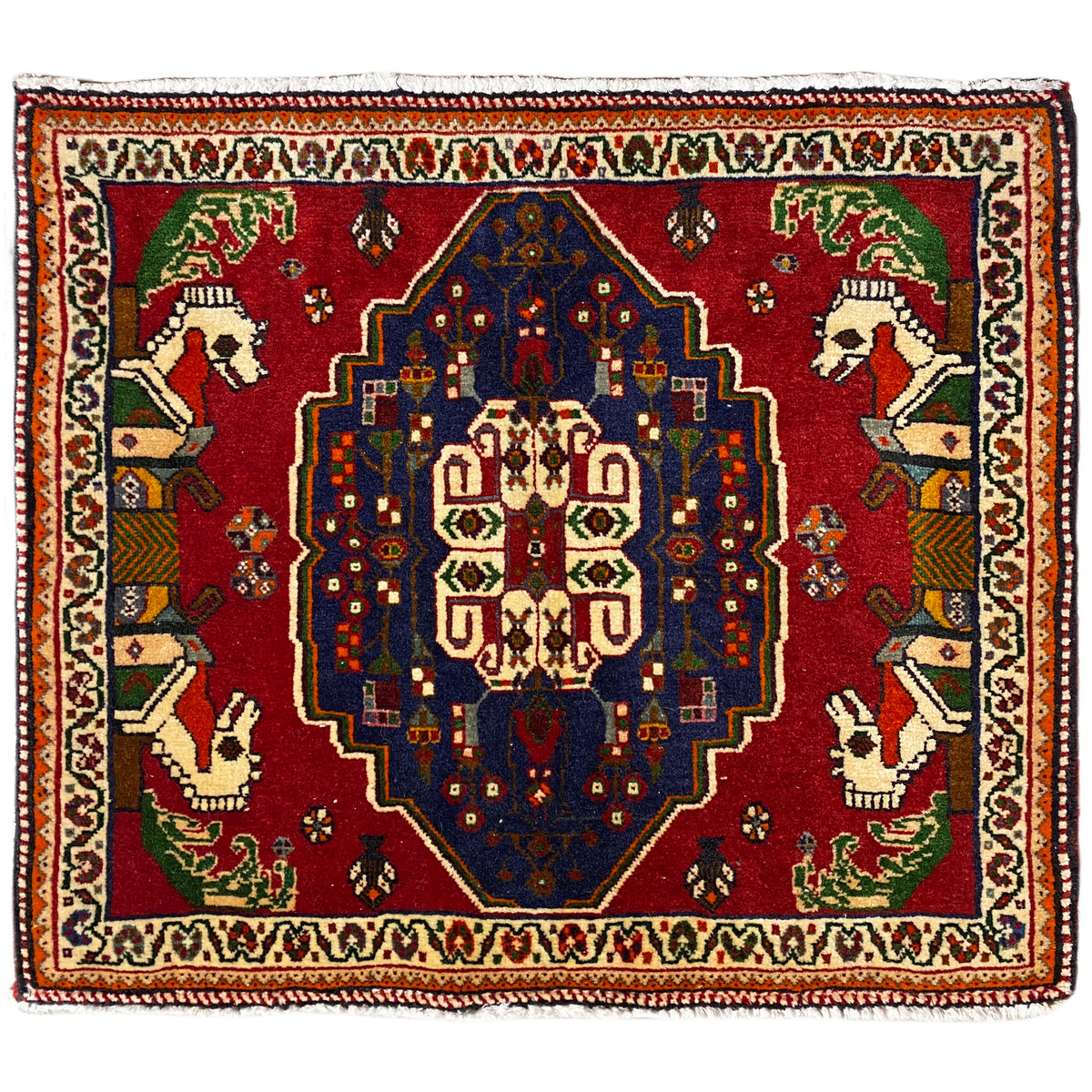 Poshti rug, red floor pattern with a blue medallion and animal figures