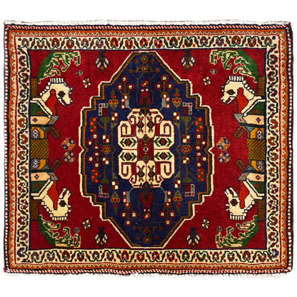 Poshti rug, red floor pattern with a blue medallion and animal figures
