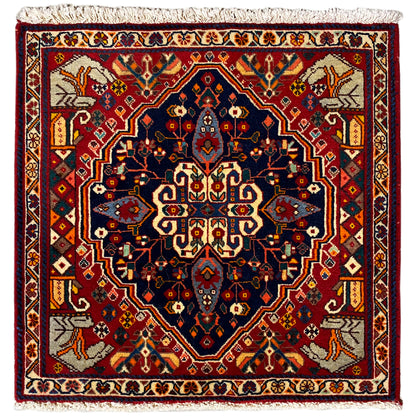 Rug with a red border and blue medallion pattern, woven trim, and fringes