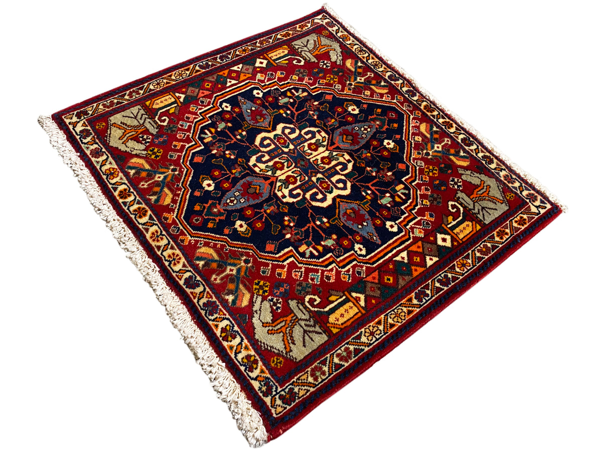 Rug shown from above at an angle: red border pattern, blue medallion, and fringe