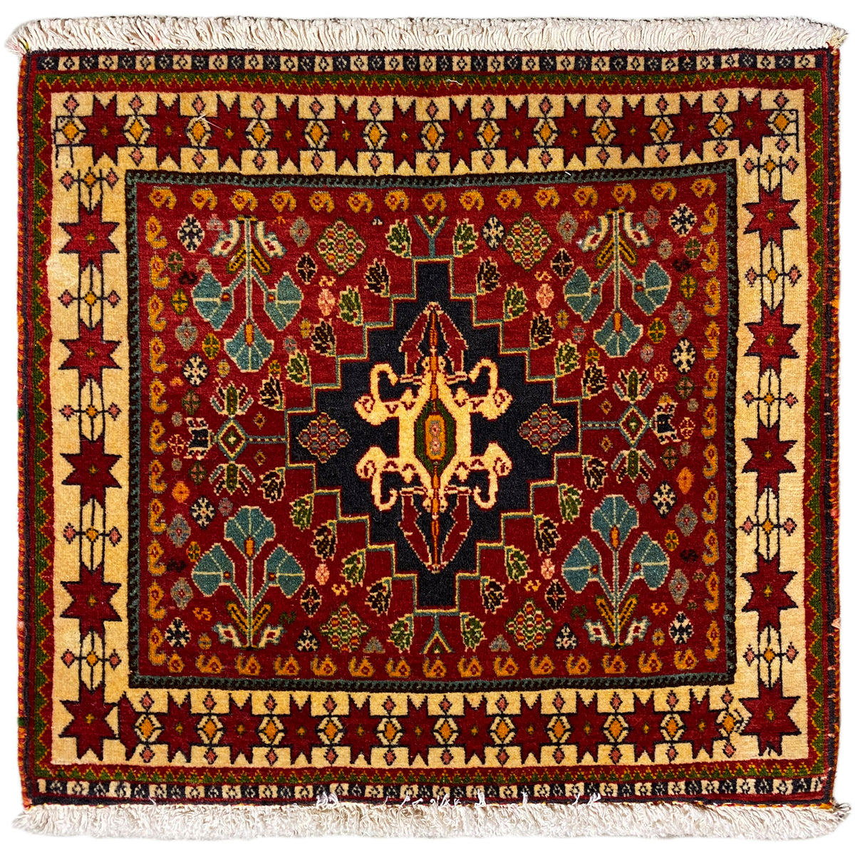 Poshti rug, 60x58 cm, red pattern with black medallion and fringes