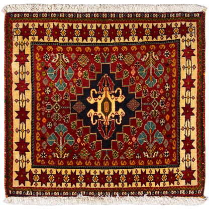 Poshti rug, 60x58 cm, red pattern with black medallion and fringes