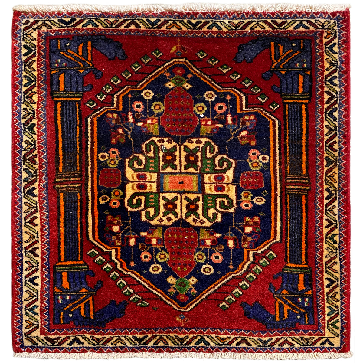 Poshti rug, square, 66x62 cm, red pattern with blue-and-yellow decorative borders.