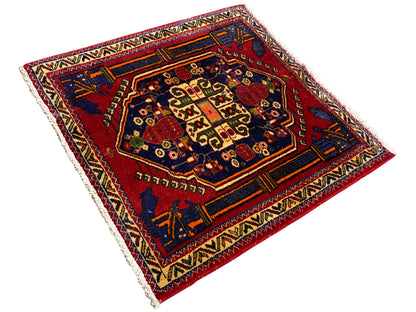 Poshti rug, 66x62 cm diagonal: blue-red border with numerous ornaments.