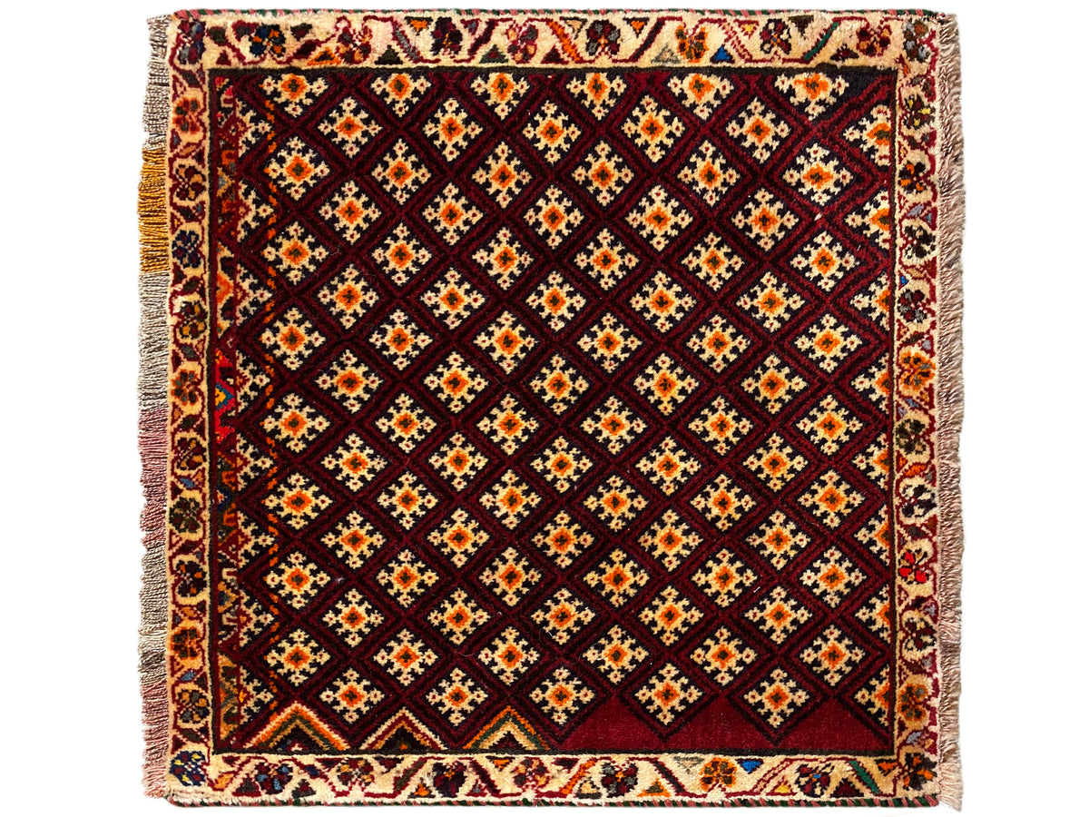 Poshti rug 61x59 cm: square, geometric diamond pattern in dark red with colorful accents