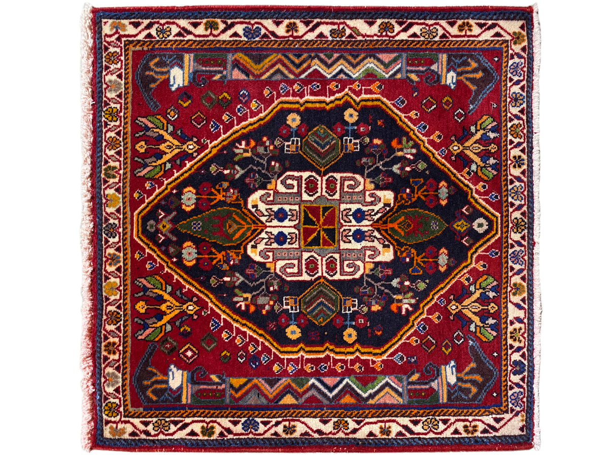 Poshti rug (67×67 cm) with a multi-part medallion composition in dark blue and red