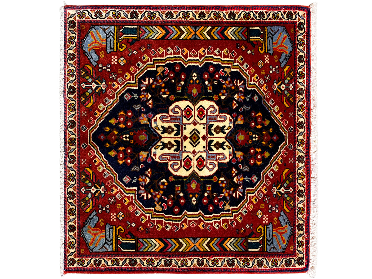 Poshti rug 65x61 cm with red border, dark central motif, and colorful ornaments