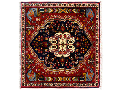 Poshti rug 65x61 cm with red border, dark central motif, and colorful ornaments