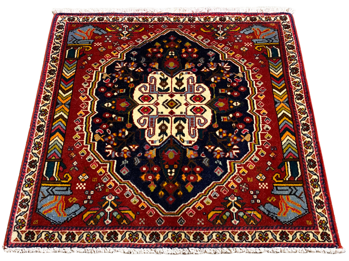 Poshti rug 65x61 cm, rotated photo: red border design with dark medallion