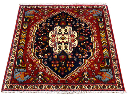 Poshti rug 65x61 cm, rotated photo: red border design with dark medallion